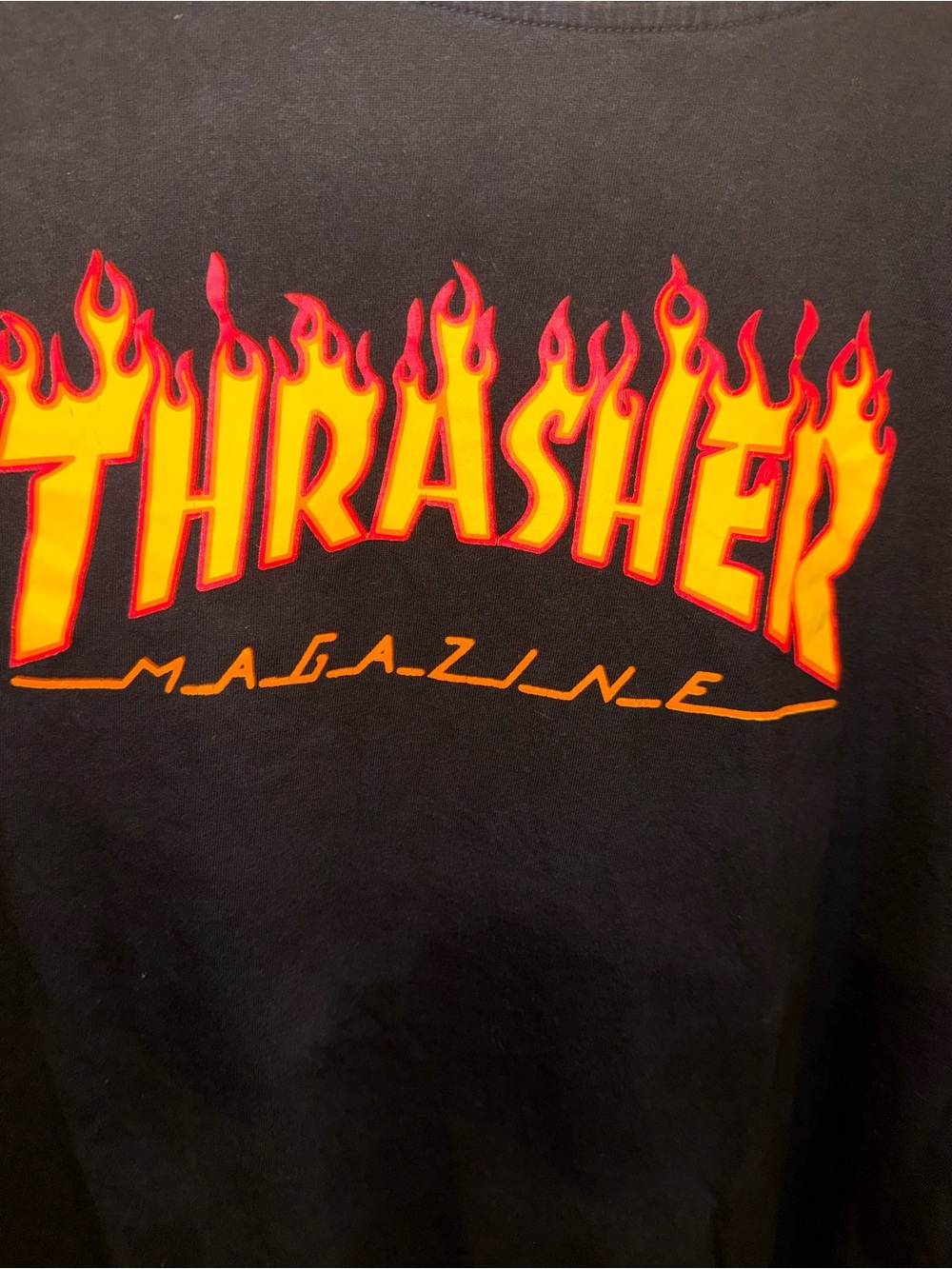 Thrasher Black Tee with Yellow & Red Flame Logo